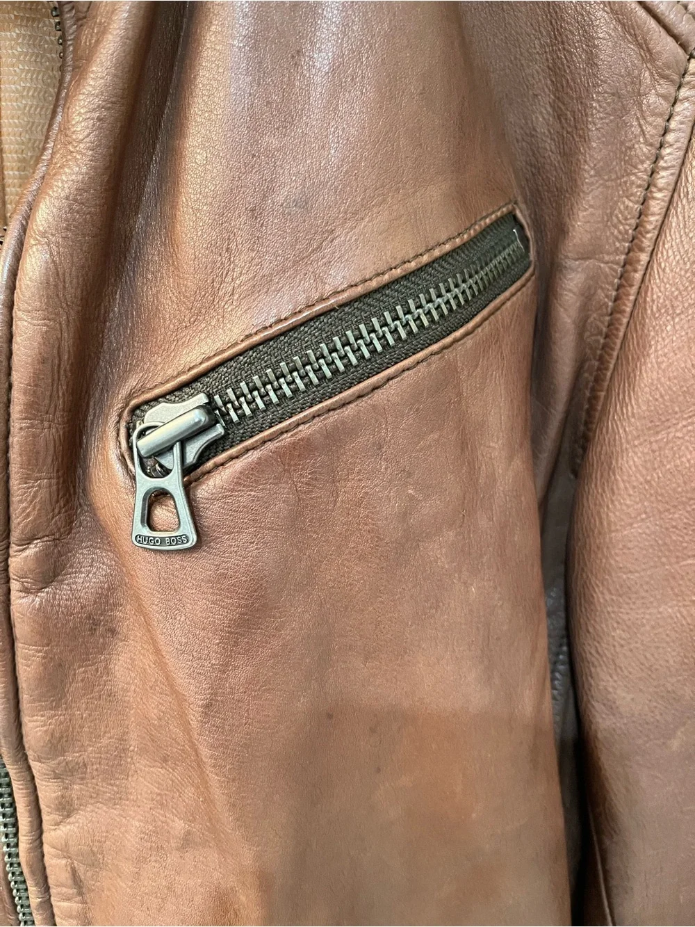 Hugo Boss Orange Julino Brown Leather Moto Jacket Mens 38R M Cafe Racer Full Zip